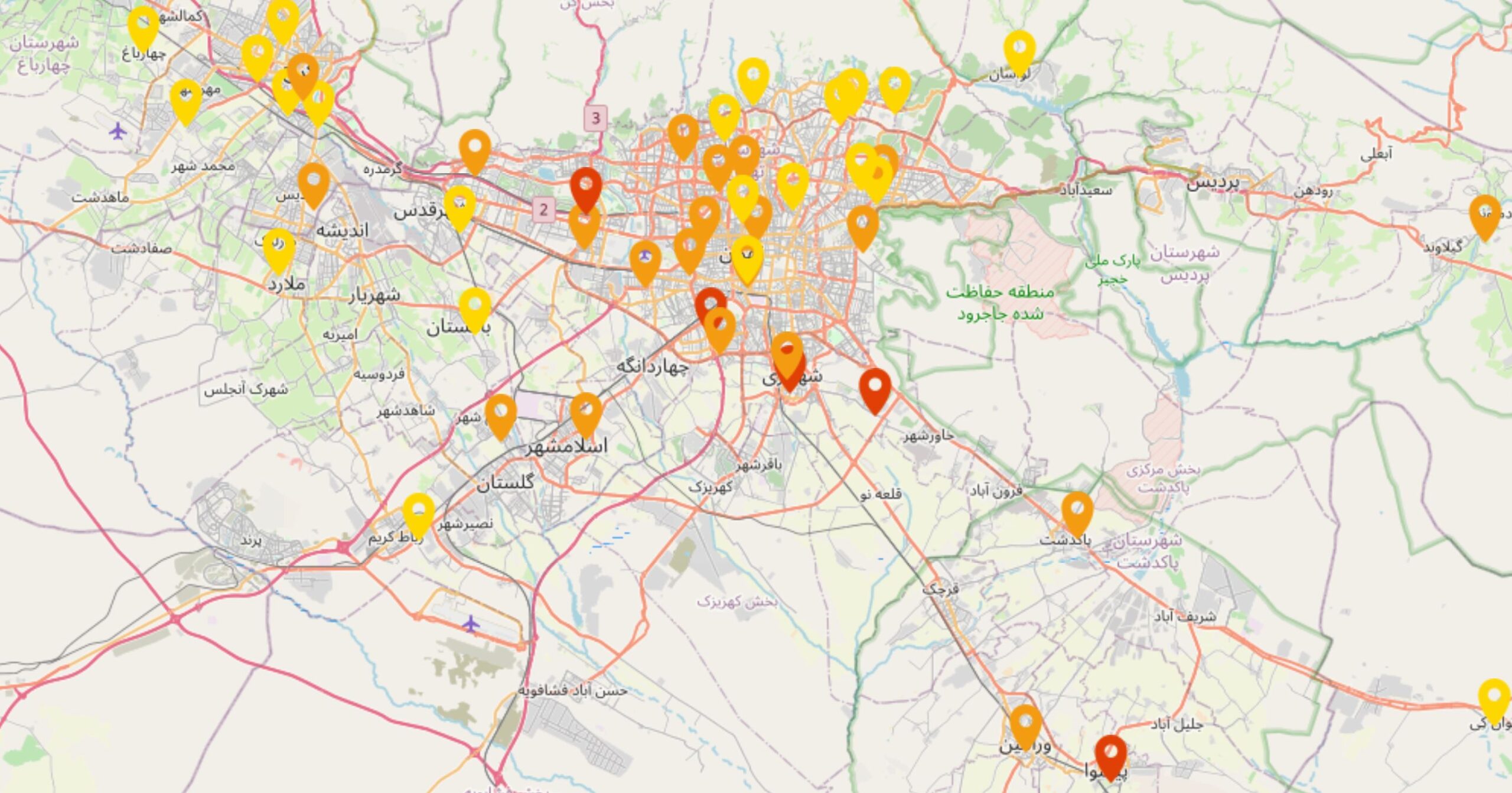 شاخص آلودگی هوای استان تهران