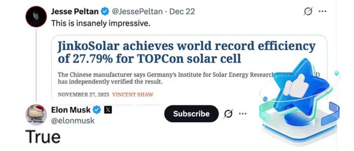 ایلان ماسک از رکورد جهانی بازده سلول‌های TOPCon جینکو سولار حمایت کرد