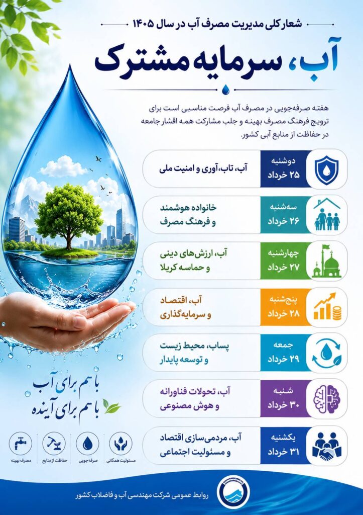 هفته صرفه‌جویی در مصرف آب ۱۴۰۵ با شعار «آب، سرمایه مشترک» برگزار می‌شود
